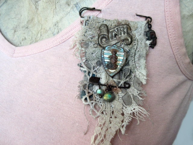 Free Will. Textile and Antique Trinkets Rustic Victorian Gypsy Assemblage Brooch. Lace fabric and Labradorite Gemstones.