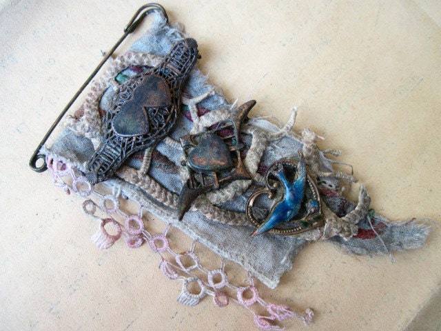 Everything That's You. Textile and Antique Trinkets Rustic Victorian Gypsy Assemblage Brooch. Lace fabric.