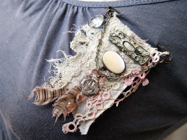 Delusion of Evil. Textile and Antique Trinkets Rustic Victorian Gypsy Assemblage Brooch. Lace fabric and Labradorite Gemstones.
