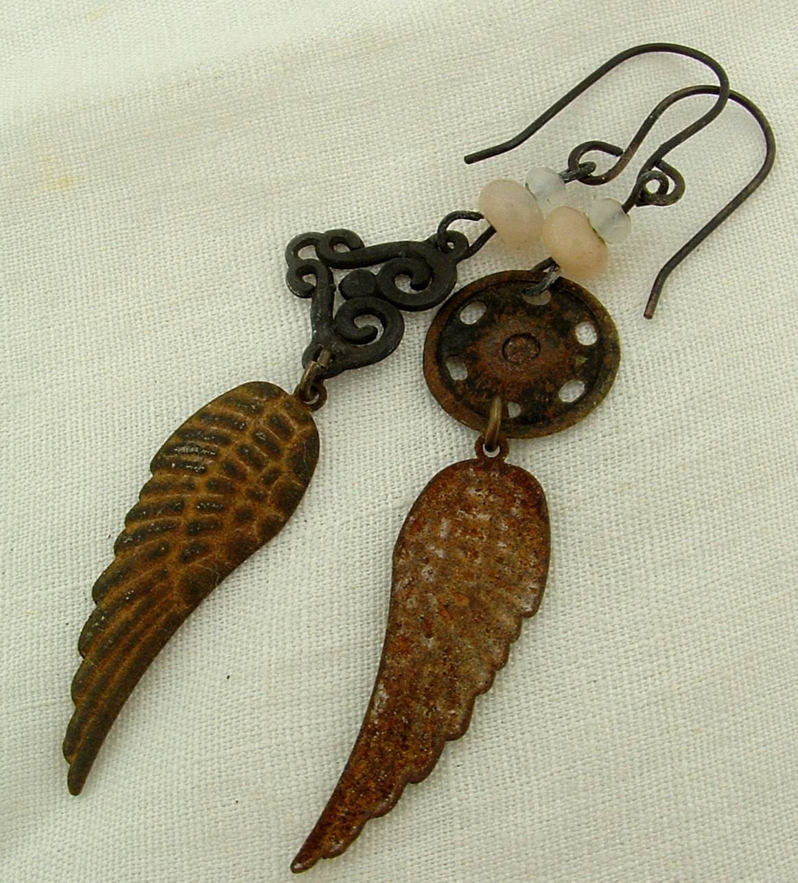 Take These Broken Wings - romantic rusted assemblage mis-matched tribal pewter pink gemstones earrings