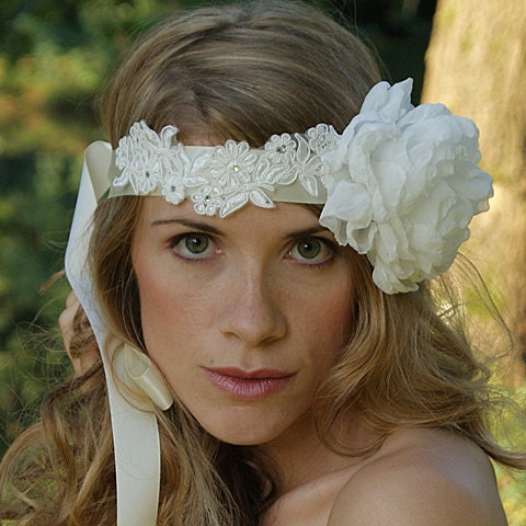 Wedding headband bridal hair piece lace crown silk poppy 