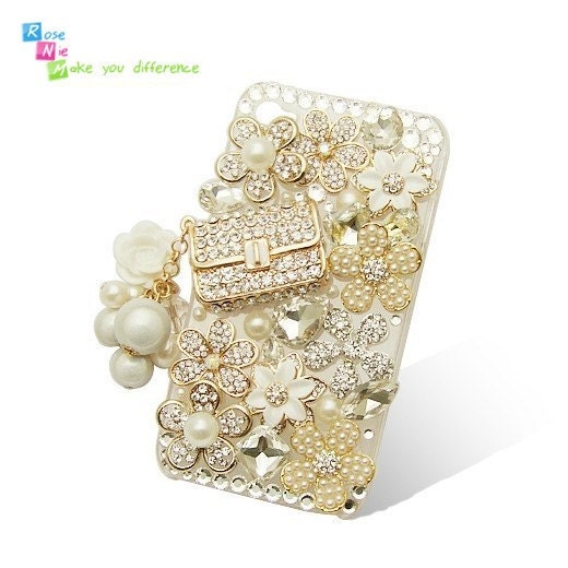 iPhone 4 case, iPhone 4s case, case for iPhone 4 mobile case handmade: Bling 3D luxury flower and handbag (custom are welcome)