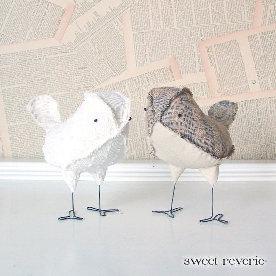 Rustic Country Vintage Neutral Tan and Ivory Wedding Cake Toppers Love Birds