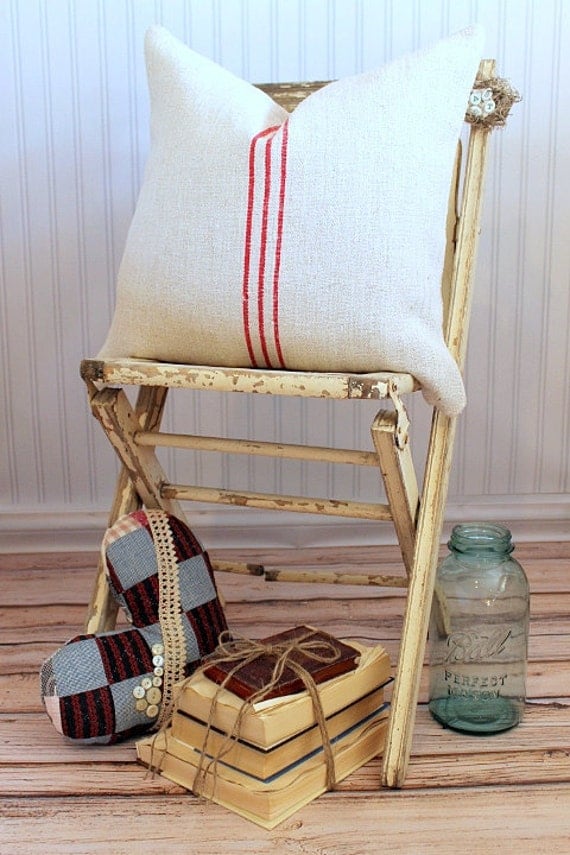 Vintage Grain Sack Pillow Cover Red Stripes 20 x 20