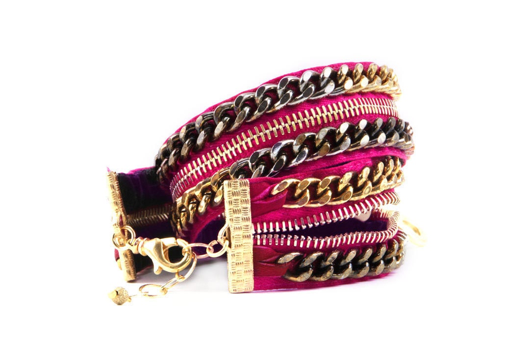 Hot Pink Double Wrap Zipper Bracelet- Zipper Jewelry-Free Shipping