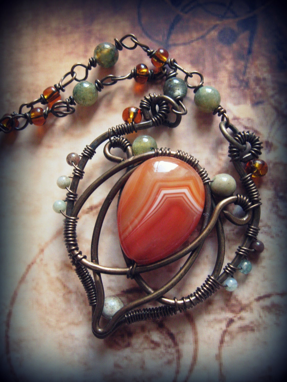 Handforged Wire Wrapped Copper  pendant with Carnelian, agate and seed beads (necklace, leaf, heart, orange, earthy, warm, handmade chain)