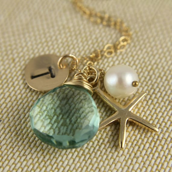 Beach Wedding Bridesmaids Gift, Monogram Necklace, Sea Green Chalcedony, Gold Starfish, Personalized Initial Gift, Pearl, Mothers Day Gift