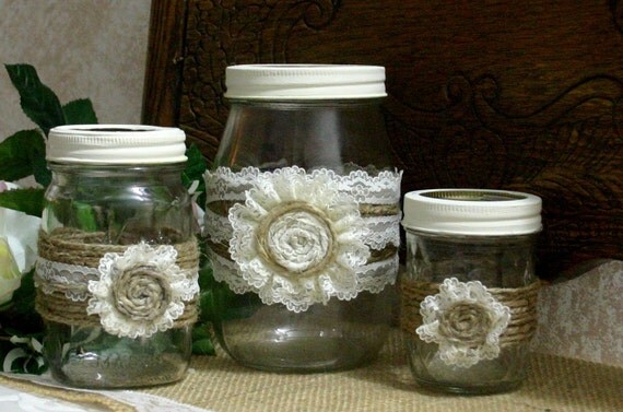 Bride Groom wedding mason Jars BURLAP jute lace flowers Candle holder 