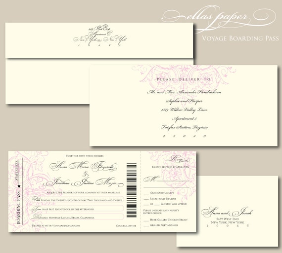 Elegant Boarding Pass Wedding Invitation with perforated rsvp Voyage
