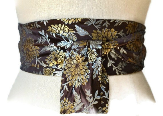 Brown obi belt sash with light blue waist cincher asian fabric wedding 