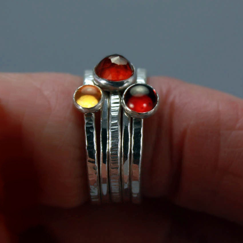 Stacking Gemstone Silver Rings, Warm Hues - Garnets with Citrine, Set of 5 - FREE shipping