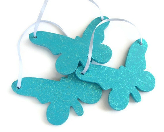 Sparkly teal butterfly wedding favors or table decoration set of 3