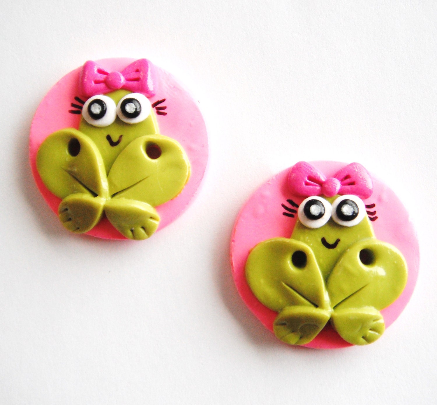 Button Twin Girly Frogs handmade polymer clay buttons ( 2 )
