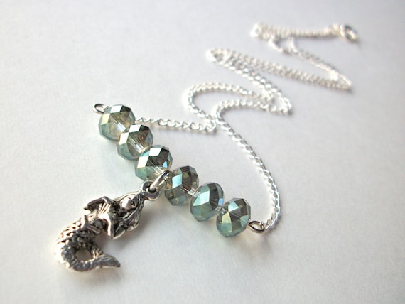 Silver Mermaid Necklace with sea green rondelle faceted AB crystal beads on silverplated chain, bar necklace simple ocean jewelry