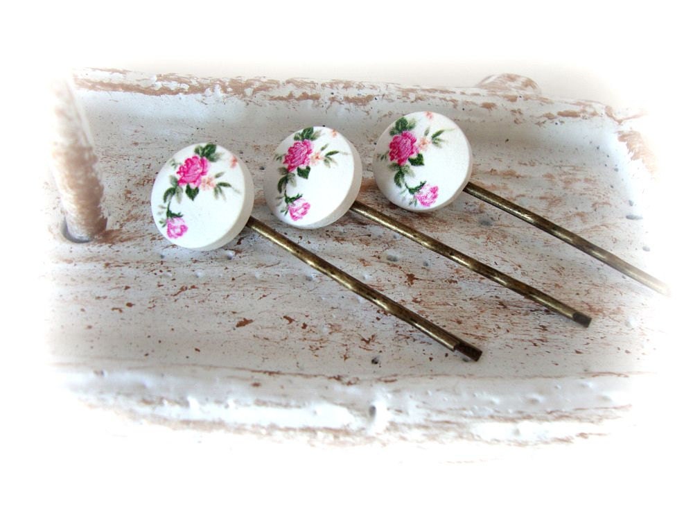 Floral Bobby Pins, Hair Accessories, Children, Pink Roses, Cottage Chic