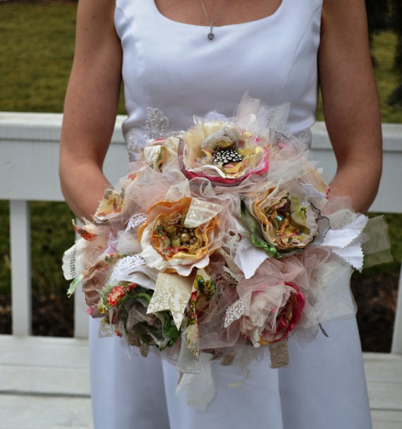 Shabby Chic Cottage Wedding Bouquet Fabric Lace Yellow Pink Rustic Mint Boho Shabby Chic Cottage Wedding Bouquet Fabric Lace Yellow Pink Rustic Mint Boho