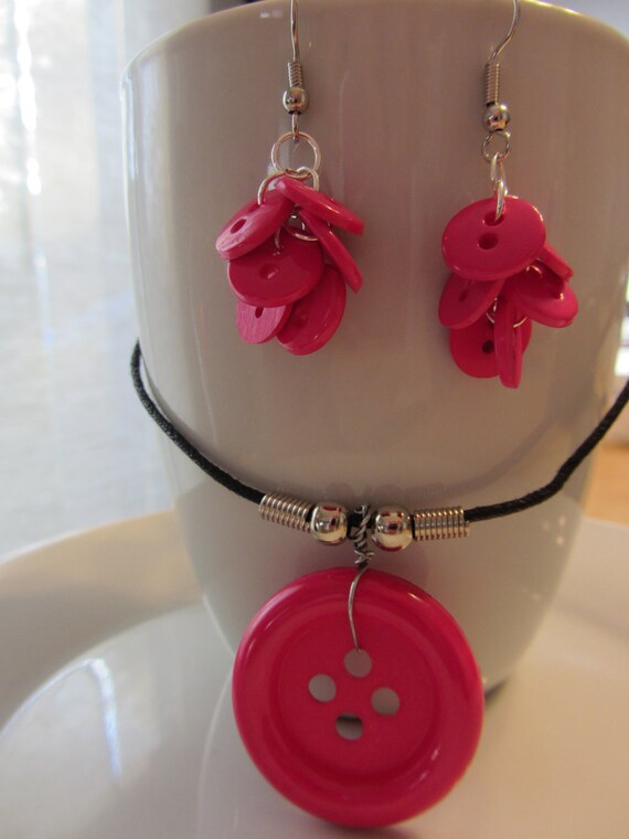 NEW SPRING ITEM- Pink Buttons Necklace and Earrings Two Piece Jewelry Set