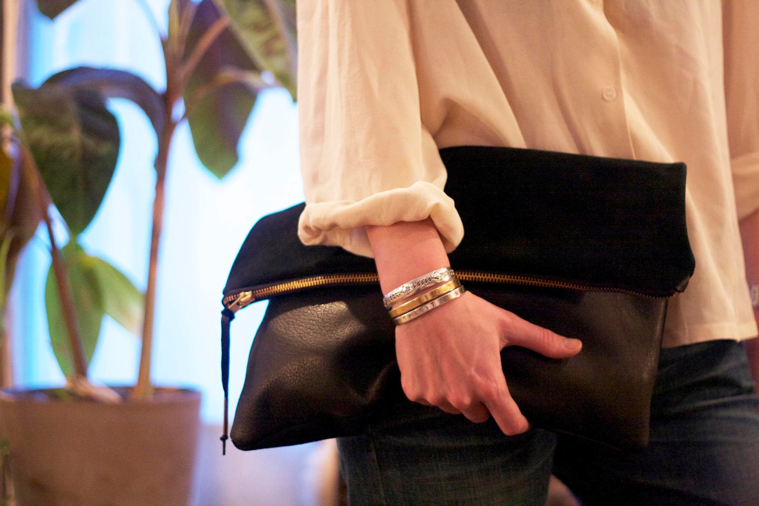 NEW Large Portfolio Clutch in Black Leather and Suede
