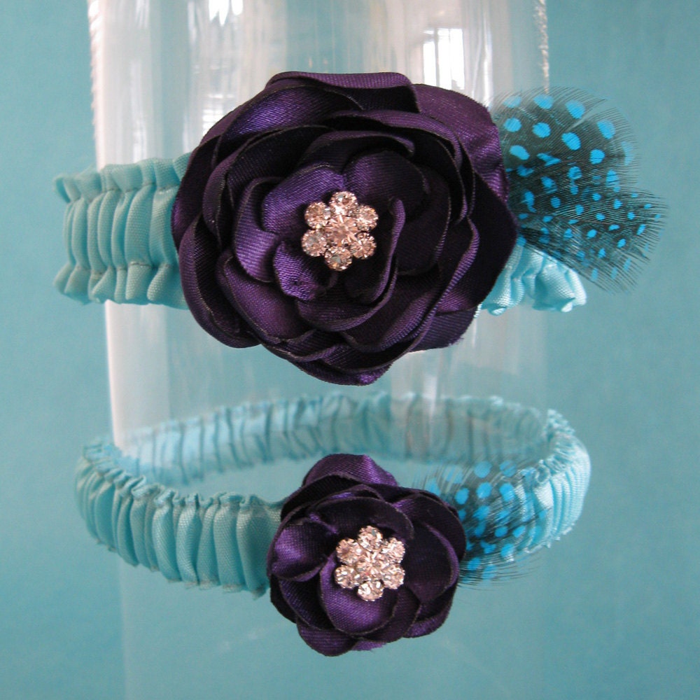 Tiffany Blue and Plum Purple Feather Rose Wedding Garter Set C264 bridal 