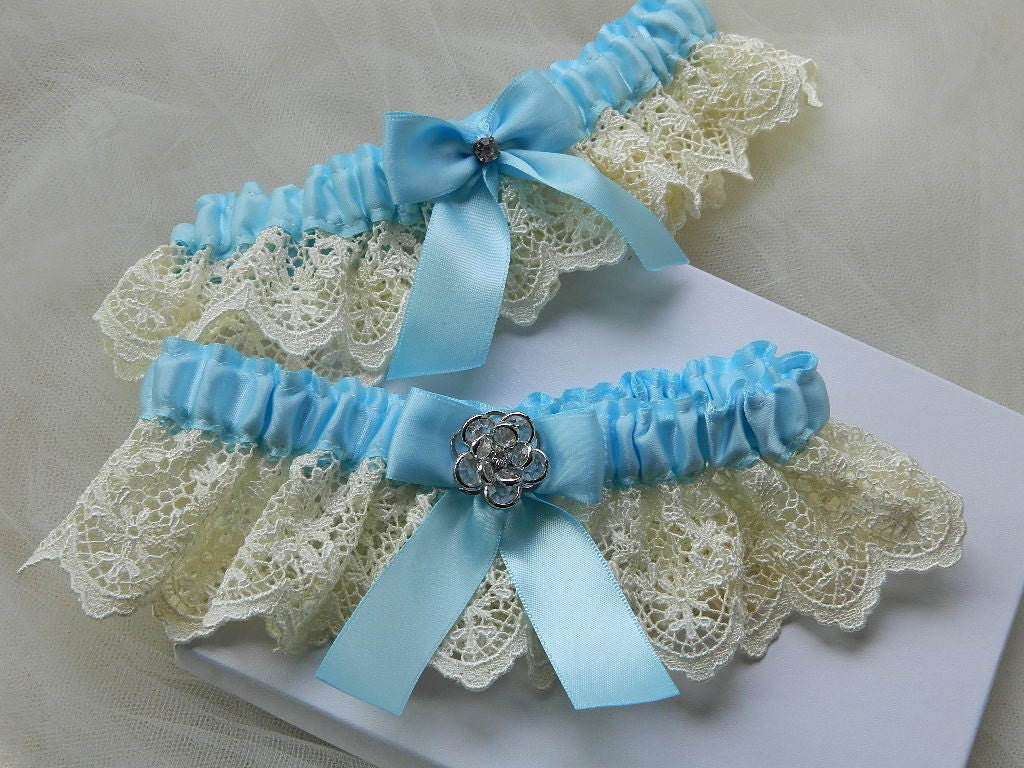 Wedding garter set light blue satin and Venice lace with rhinestone jewel
