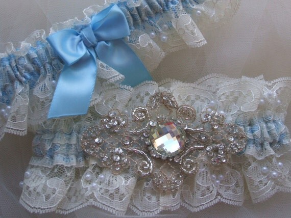 Wedding garter set Light blue satin and ivory beaded Chantilly lace with 