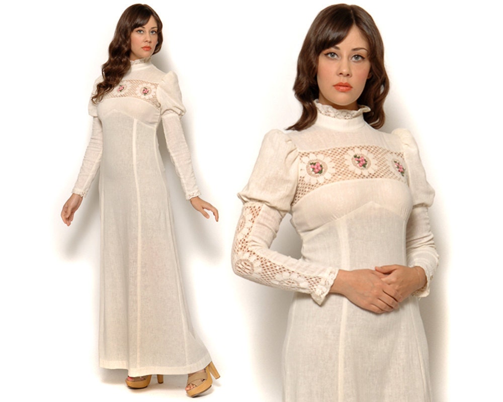 70s Peasant Dress Victorian Maxi Juliet Sleeve Cream Lace Muslin Empire 