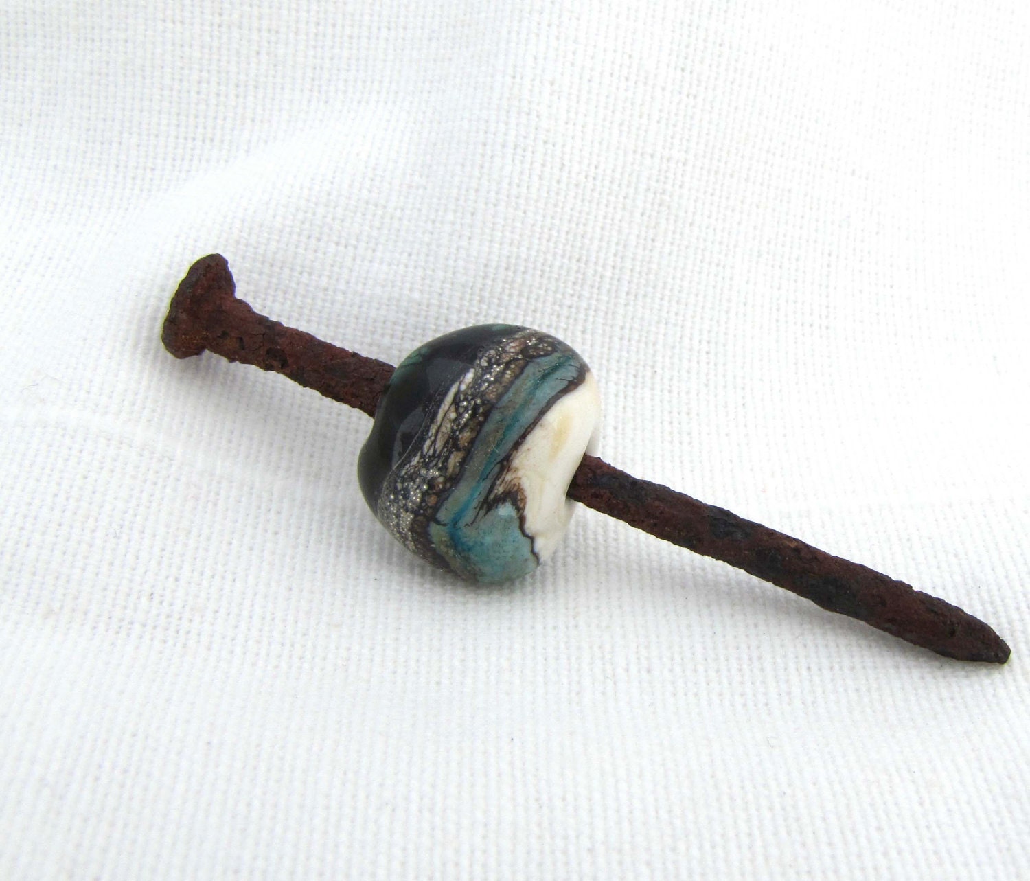 Found Object Rusty Nail Lampwork Altered Art  Pendant Piece Sedimentary  and Oceanic Turquoise Ivory and Shiny Metallics