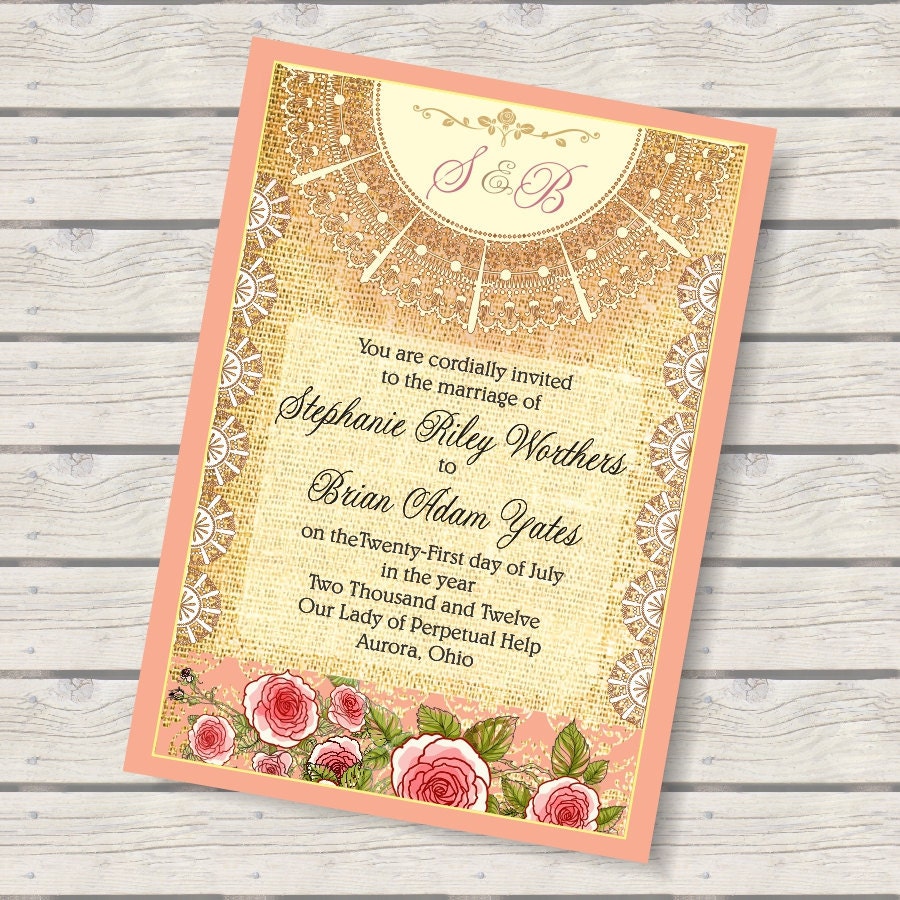 Cabbage Roses Shabby Chic Wedding Invitation Suite 5x7 Invitation 