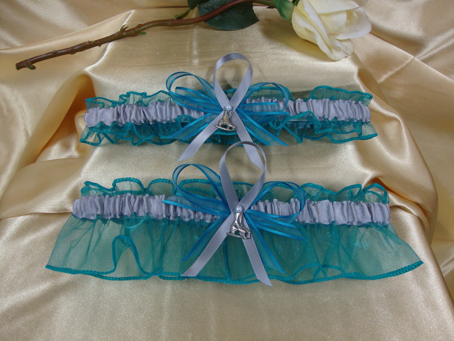 Teal and Silver Wedding Garter Set with Figure Skate Charms From StarBridal