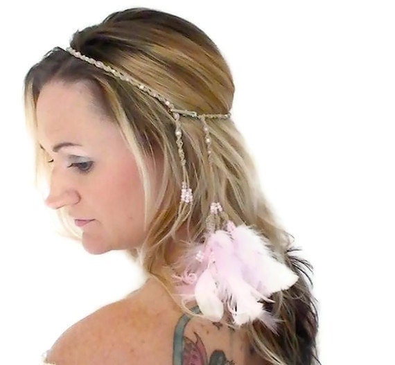 Hippie Headband with Feather Extensions Boho Chic Pink White