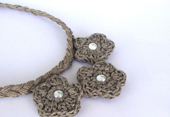 Flowers - linen necklace, pearls necklace, eco style bib, floral necklace, summer fashion organic jewelry