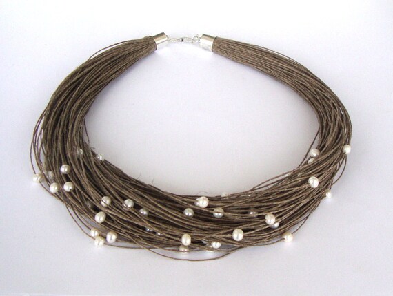 Pearls - linen necklace with white fresh water pearls, organic jewelry, summer fashion, eco style wedding necklace