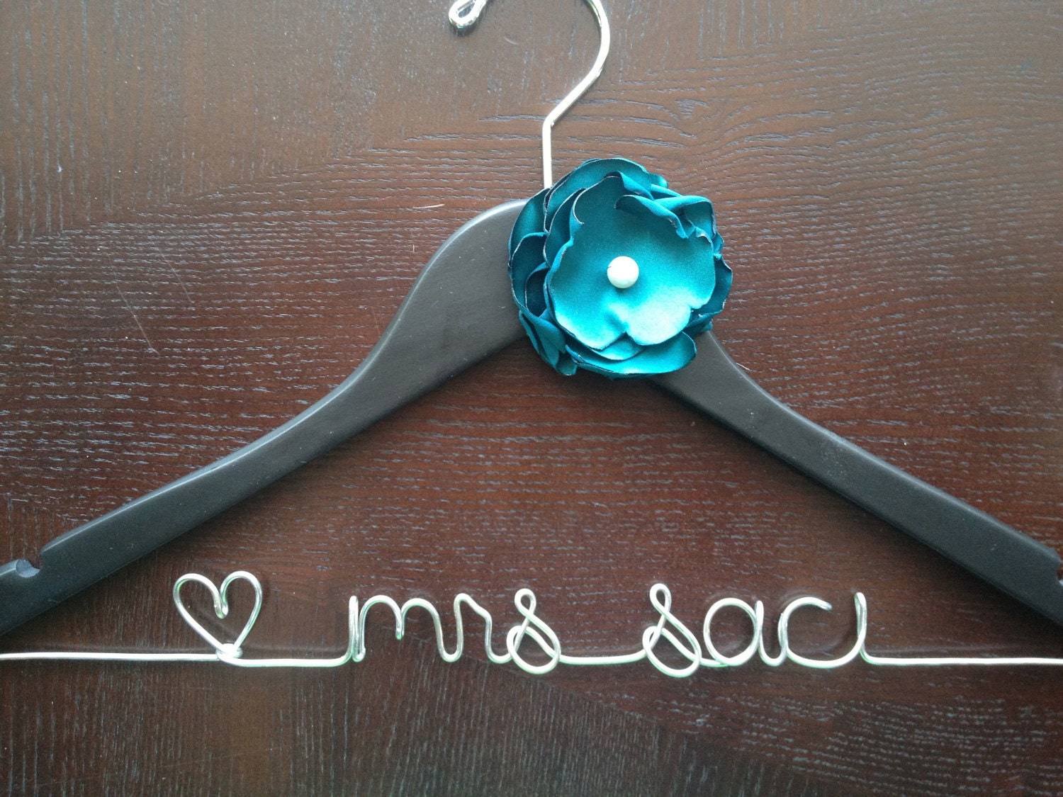 Bridal Dress Hanger BLACK Personalized Peacock Blue Flower