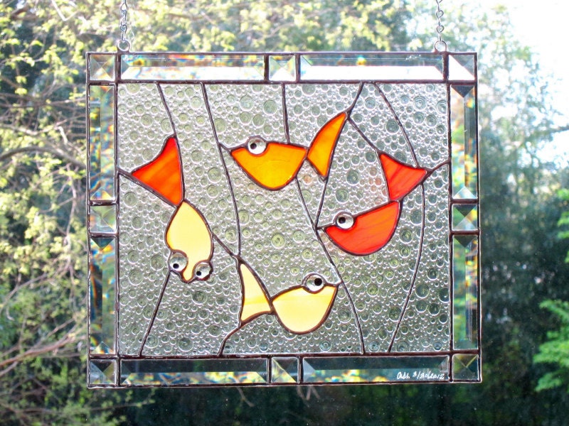Goldfish Stained Glass Window Panel Red Orange Bevels Lucky Carp Handmade OOAK