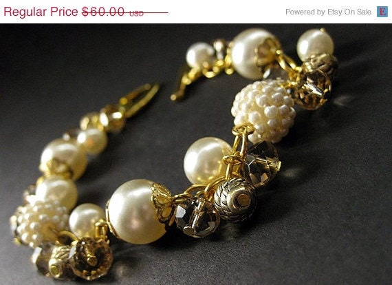 EASTER SALE Ivory Wedding Bracelet in Cream Pearls and Taupe Crystals