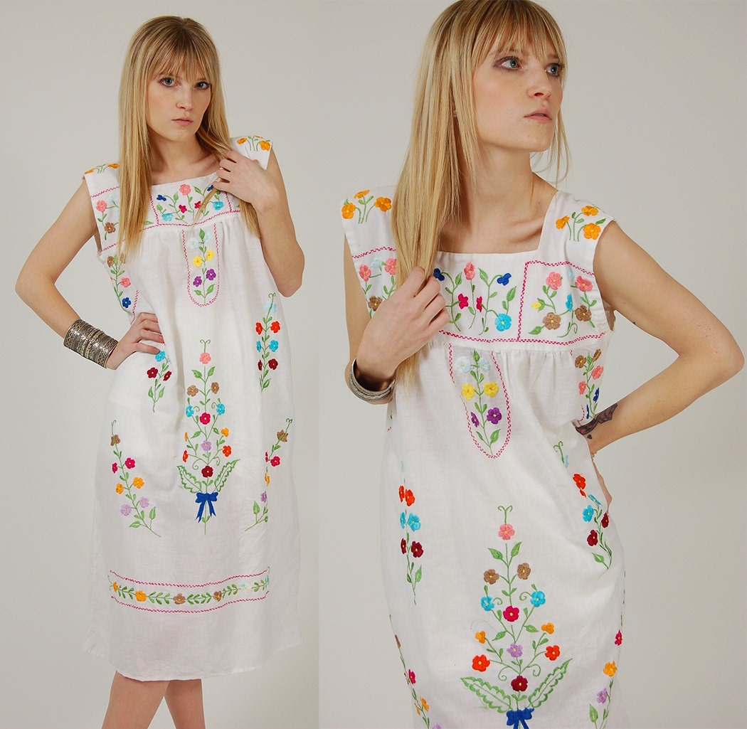 Vintage MEXICAN Dress White Rainbow EMBROIDERED Floral FESTIVAL