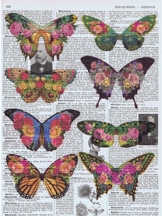 Gift, Upcyled  Antique Book Page Prints, French Text, Paris,  Butterfly, Colourful,Flowers,Floral,  home decor, mothers day, special, deal
