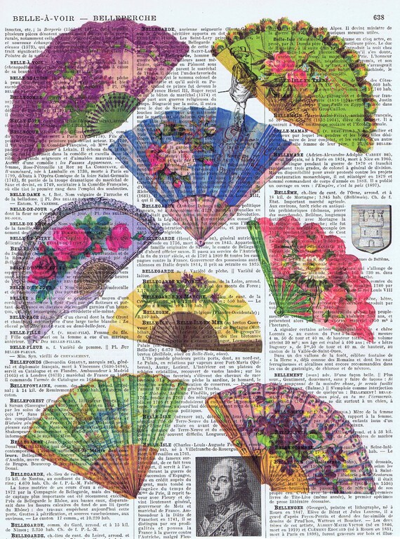 Gift, Upcyled  Antique Book Page Prints, French Text, Paris, Fans, Colourful,Flowers,Floral,  home decor, mothers day, special, deal