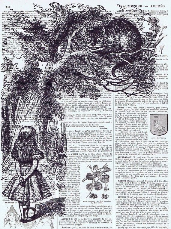 Gift  /Repurposed Alice in Wonderland /Altered art,  Antique Book Page Prints, Cheshire Cat, paper ephemera, mixed media, special
