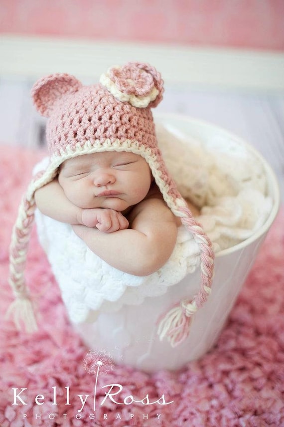 Crochet Baby Beanie Hat with Ears, Earflaps and Flower, Rose and Cream 0-3 Months