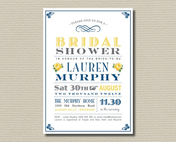 Printable Bridal Shower Invitation - Navy and yellow vintage poster design with sweet roses