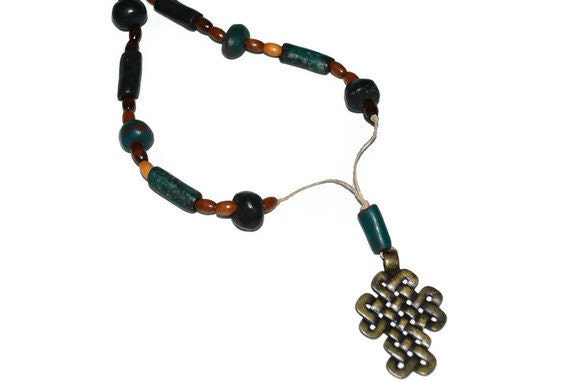 Celtic Inspired Cross Pendant with Chunky Dark teal and wooded beads OOAK necklace