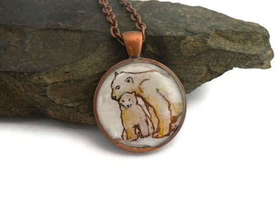 polar bear necklace, hand painted mother and baby animal, mothers day