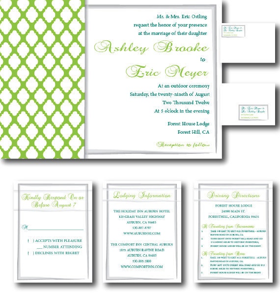 Printable Wedding Invitation Suite Teal and Chartreuse Quatrefoil
