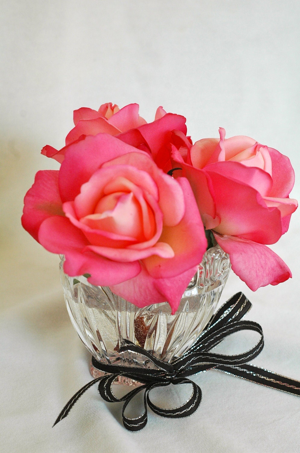 Pink Silk Rose Arrangement in Cut Glass Vase