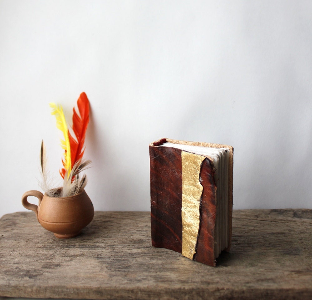 Small leather journal // Brown and Gold stripe
