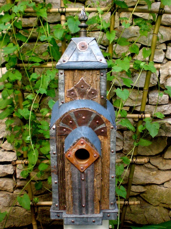 Art Deco Birdhouse Made of Reclaimed Barn Wood and Tin Roofing