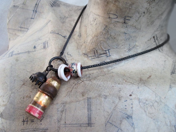 How to End an Era. Rustic Gypsy Assemblage Pendant. Gilded and Papered Wooden Saint Container Pendant with Tribal bell and Lampwork..