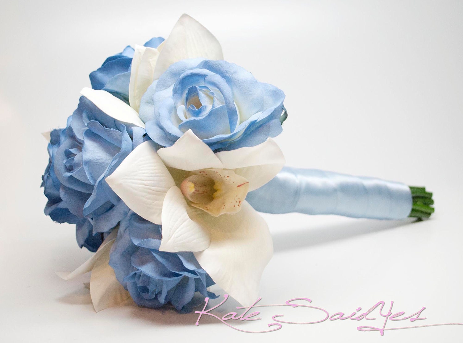 Orchid Bridal Bouquet Blue Rose and Ivory Orchid Silk Wedding Bouquet