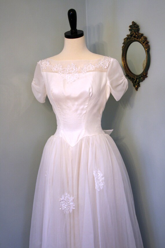 50s wedding dress satin chiffon bridal gown jackie sequins size x small
